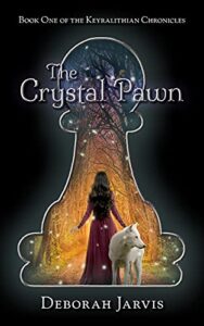Cover of The Crystal Pawn by Deborah Jarvis

A woman stands in an enchanted forest with a white wolf. Her back is turned to the viewer. The whole scene is cut to the outline of a chess pawn.