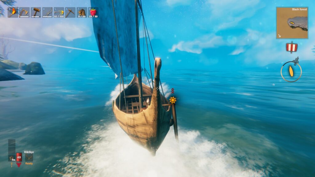 Illustrating my progress report is this screenshot from Valheim, showing me sailing my ship close to the wind at full speed.