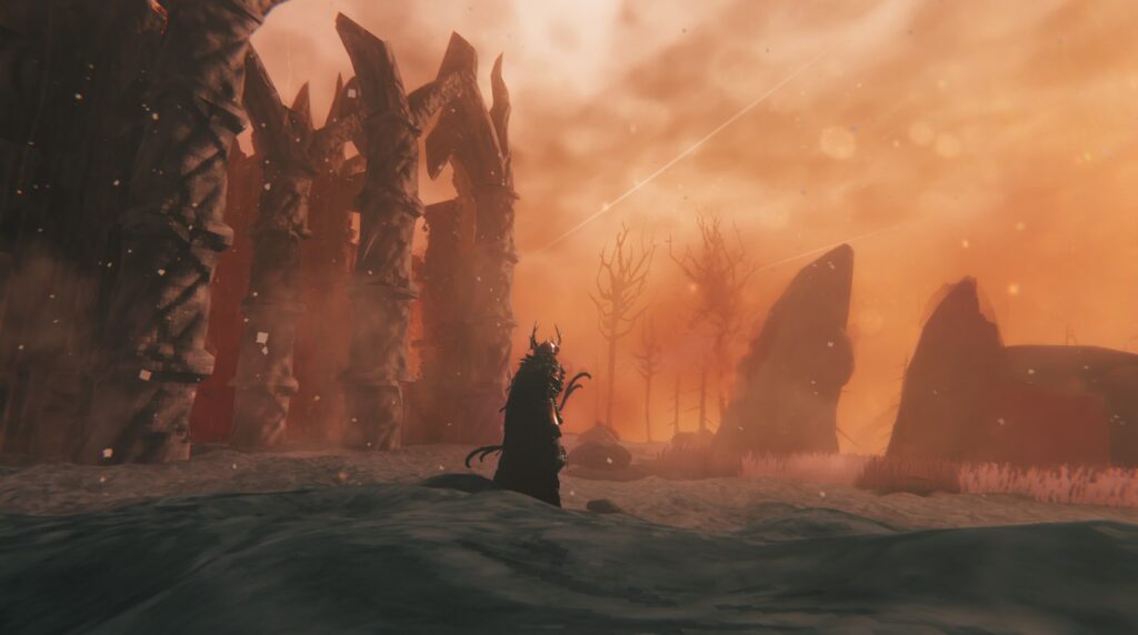 Screenshot from the game Valheim.
It shows a lone Viking in armor and holding a bow in a very hostile, hellish environment - the Ashlands