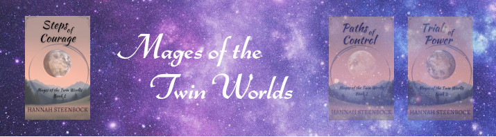 header for the Twin Worlds page, on a purple starfield we see all three covers, the first one full color on the left, then the series name and finally two more covers grayed out as the books are still coming.