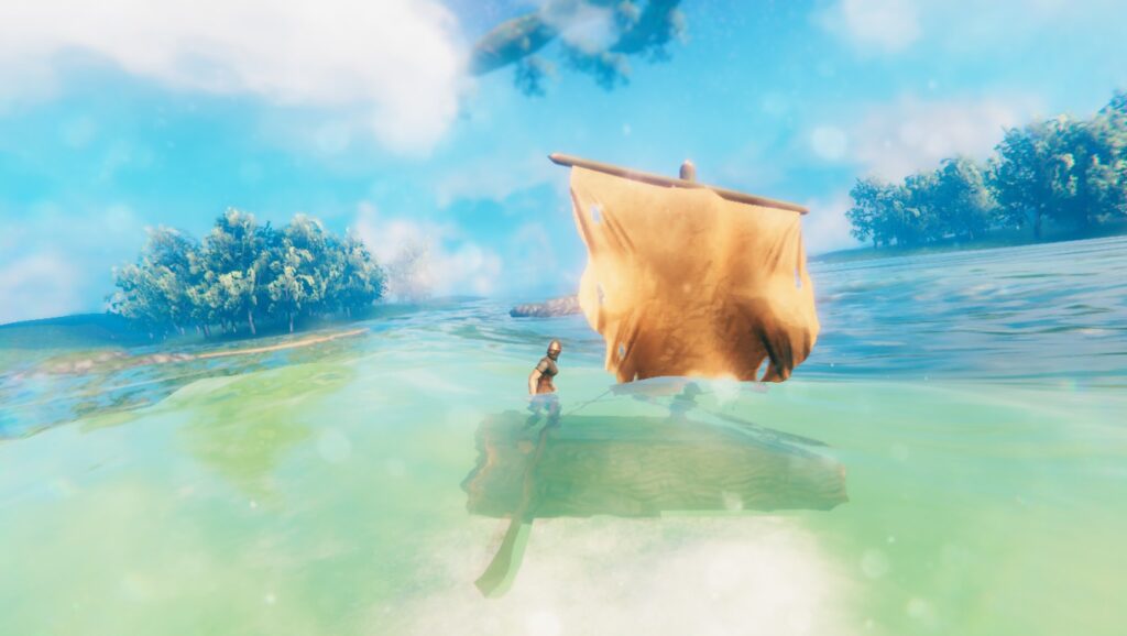 Screenshot from the game Valheim.
It shows a Viking sailing a primitive raft that's getting swamped by a massive, green wave. Most of it is under water.