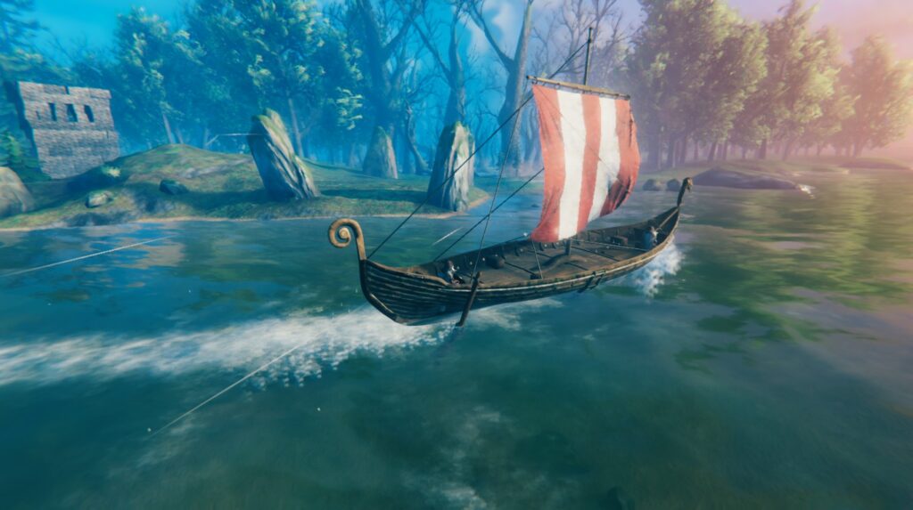 Screenshot from the game Valheim, it shows quite a few landmarks and biomes, there's a lot going on, as two Vikings sail close to the coast.