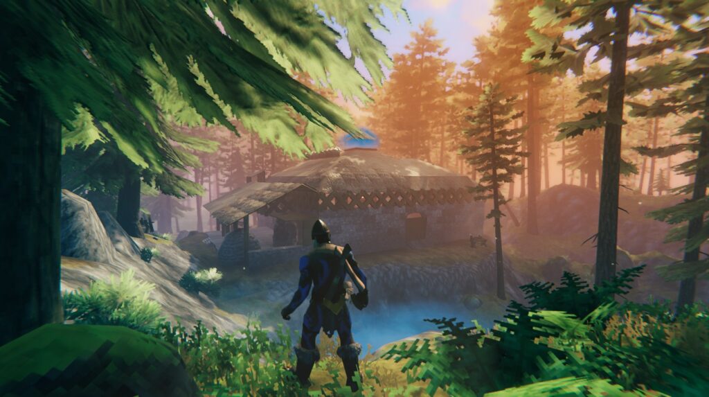 Screenshot from the game Valheim.

Char is looking at his (very big) house in the middle of a forest. It is illuminated by the sun, framed by trees, looking peaceful and safe.