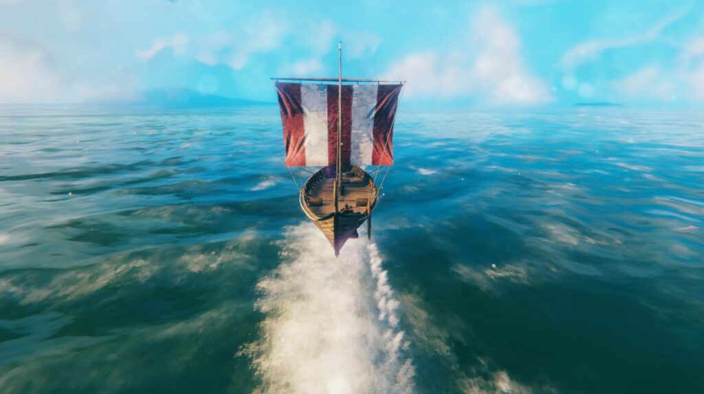 Screenshot from the game Valheim.

It shows a Viking longship sailing along at full speed in great weather.