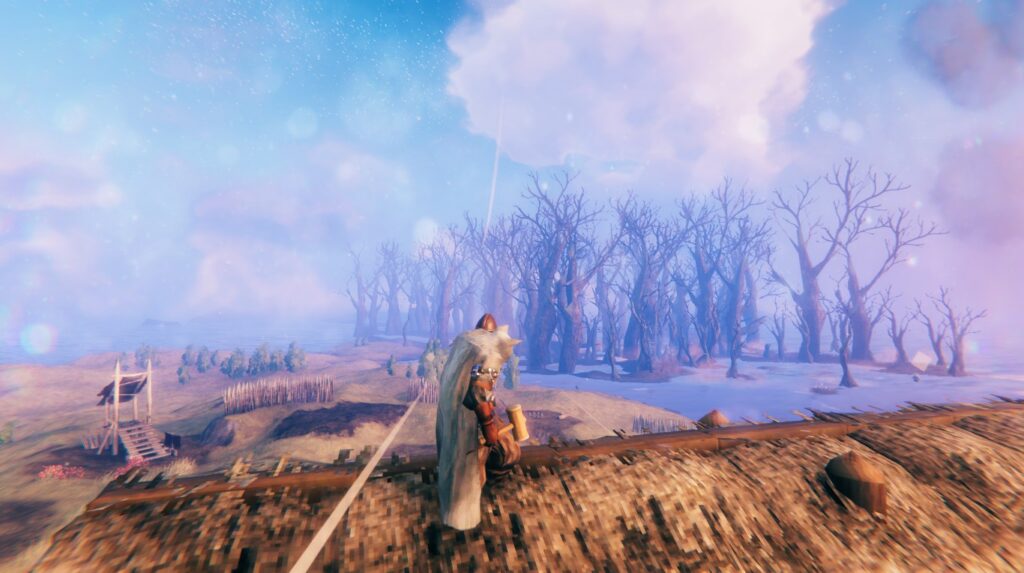 Screenshot from the game Valheim, showing a view from a roof, with an area of huge scraggly trees in the distance.