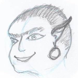 A rough pencil sketch of a smiling young woman with a very pointed ear and extremely short hair.