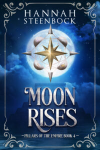 Cover of the book Moon Rises.
It shows a full moon behind the usual compass rose of the series, hovering above an Aztec pyramid that stands at a shore with waves visible.