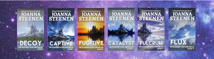 The entire Franssisi Four Chronicles series presented as covers on a purple star field.
The covers show alien scenes with several huge moons, clearly indicating Science Fiction.
The author name Joanna Steenen is big and easy to read, as are the titles.
